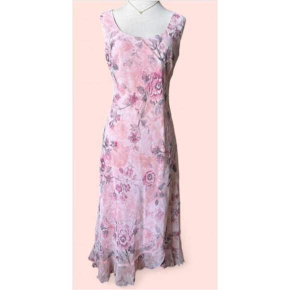MEGHAN MATTHEWS Petal Pink Floral Baby Doll Midi Dress Sz 16 Fairy Romantic Y2K - Picture 1 of 5